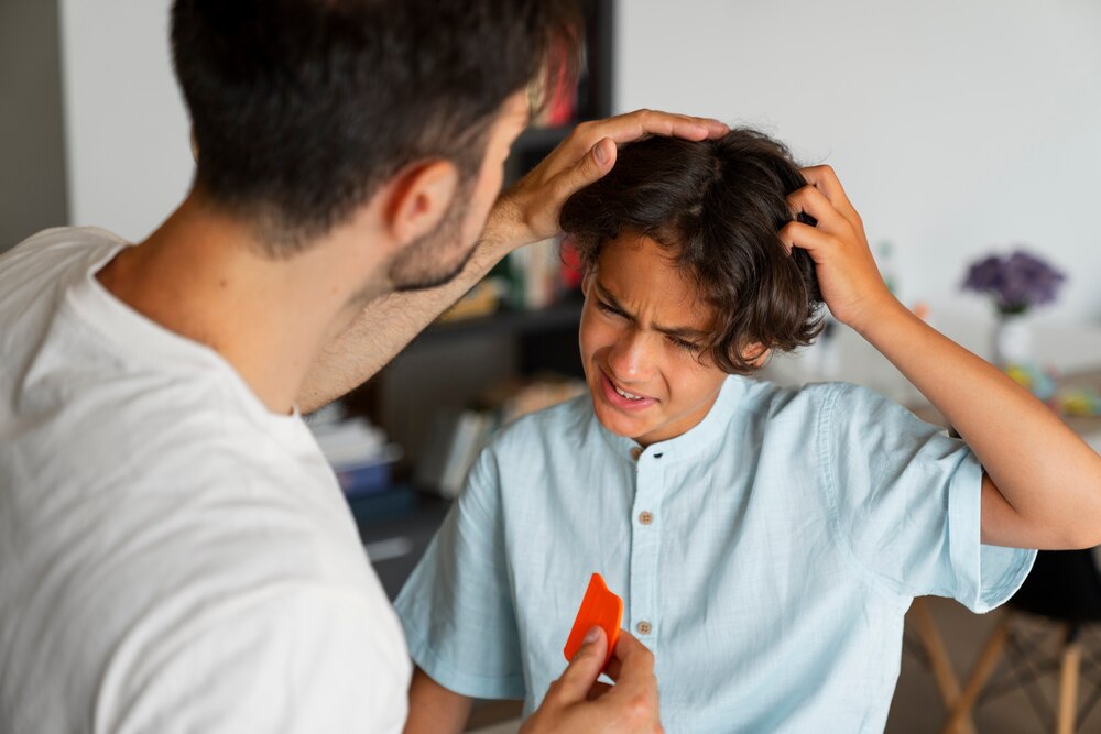 Medium shot father helping boy with lice