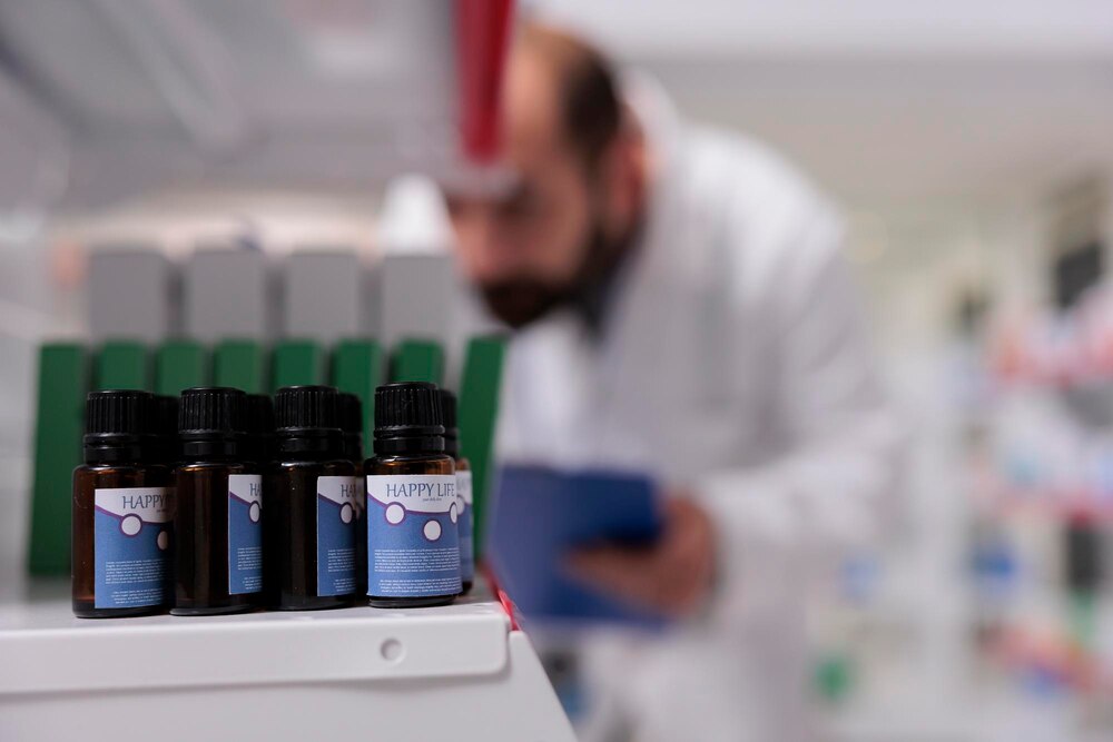Selective focus of essential oil on pharmacy shelves is ready to be buy by client, man doing inventory in background. Drugstore is a vital resource for the community, providing access health services.